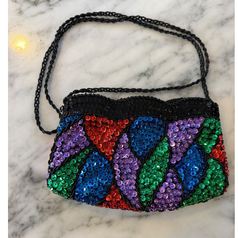 La Regale Vintage 80s Handmade Beaded Sequin Evening Bag Multicolor Black Purse